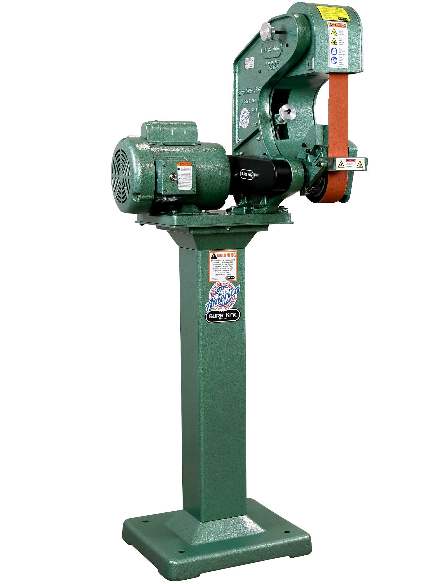 40100 Model 482 belt grinder / belt sander shown with optional 01 pedestal.   Fixed and adjustable height pedestals are available for all Burr King grinders and polishers.
